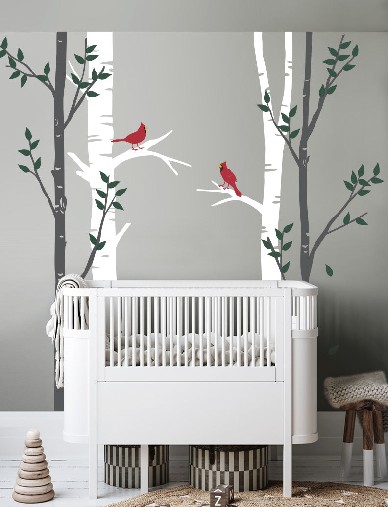 Birch Trees and Cardinal Birds Wall Decal, Wall Sticker, Wall Decor Sticker For Bedroom, Dining Room, living Room, Office | pinknbluebaby.com