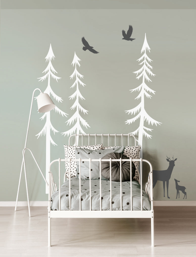Pine Trees With Deer And Fawn Wall Decal