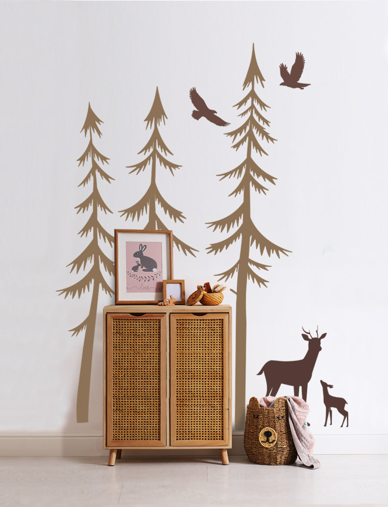 Pine Trees With Deer And Fawn Wall Decal