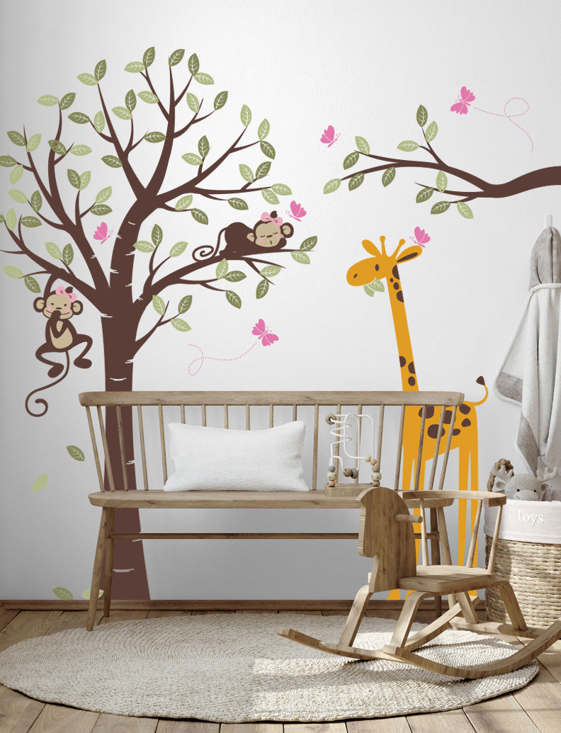 Girl Monkeys and Giraffe Kids Wall Decals