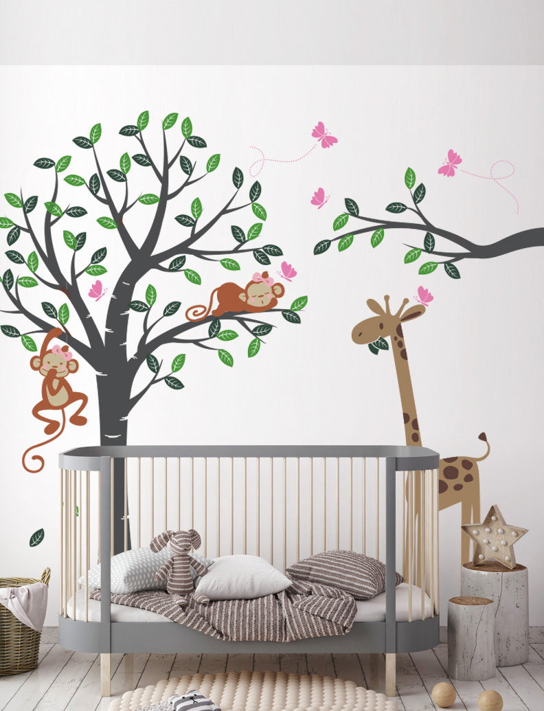 Girl Monkeys and Giraffe Kids Wall Decals