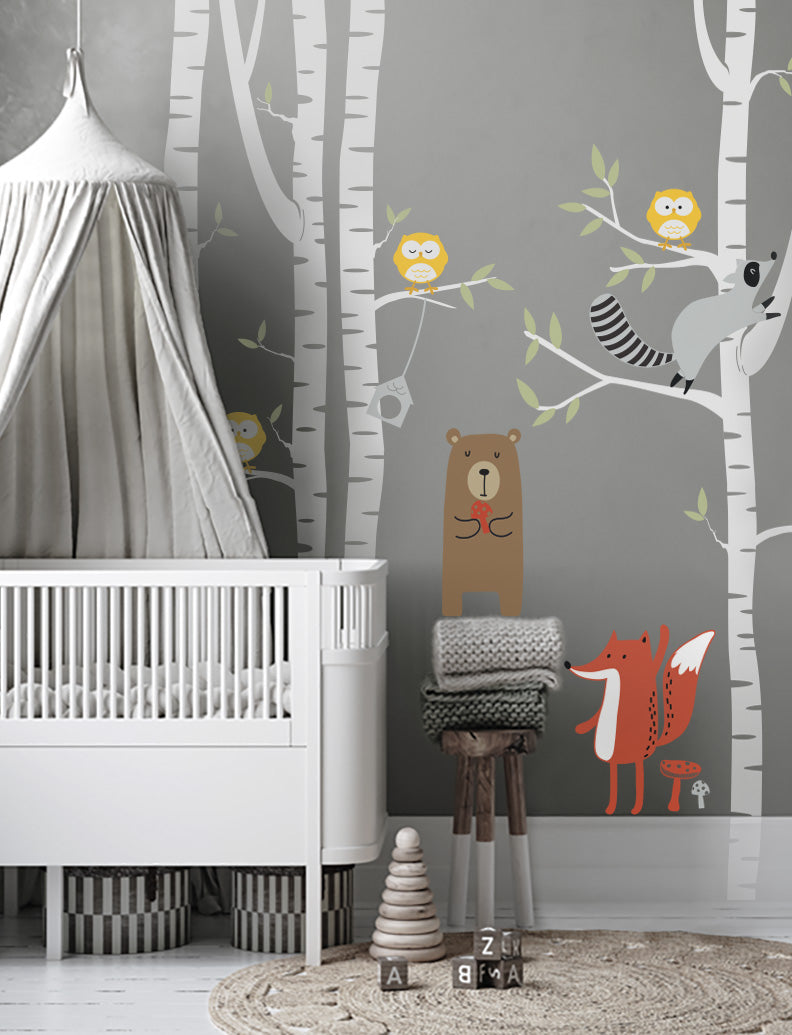Forest Animals with Birch Trees kids wall decals