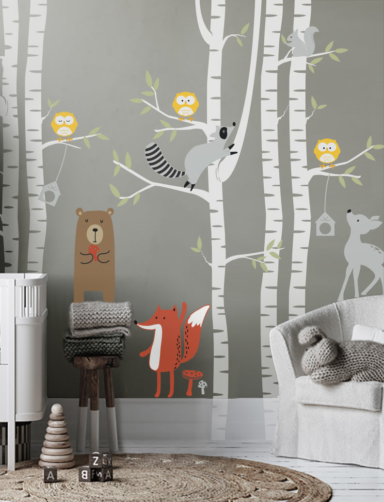 Forest Animals with Birch Trees kids wall decals