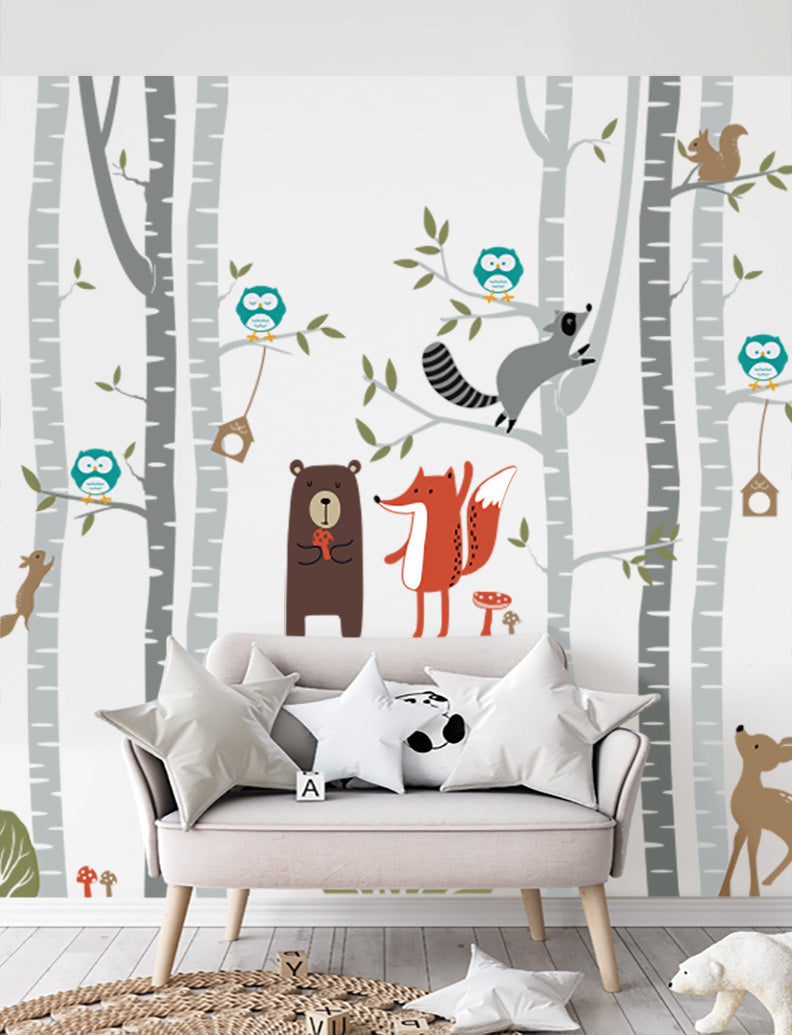 Forest Animals with Birch Trees kids wall decals