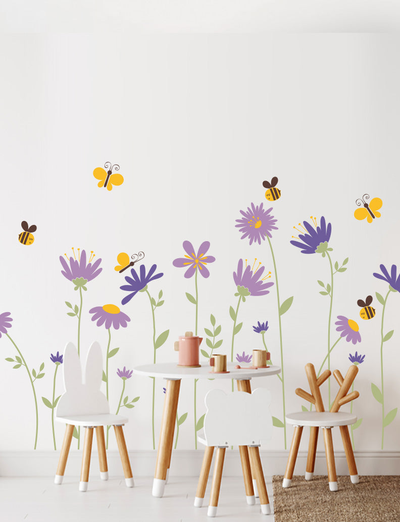 Flowers with Bees and Butterflies Wall Decal, Flower Wall Sticker, Wall Decor, Girl Nursery Wall Stickers, Girl Kids Room Wall Decals | pinknbluebaby.com