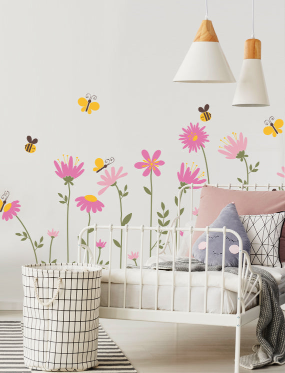 Flowers with Bees and Butterflies Kids Wall Decals