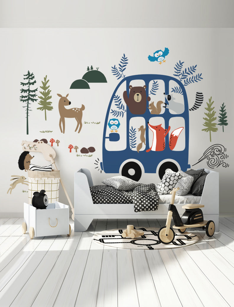 Forest Animals Picnic Bus Wall Decal, Wall Sticker, Wall Decor, Playroom Wall Mural, Kids Room Wall Stickers, Nursery Wall Decals | pinknbluebaby.com