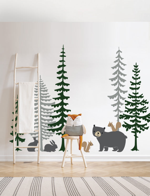 Pine Trees and Animals wall decal scheme B