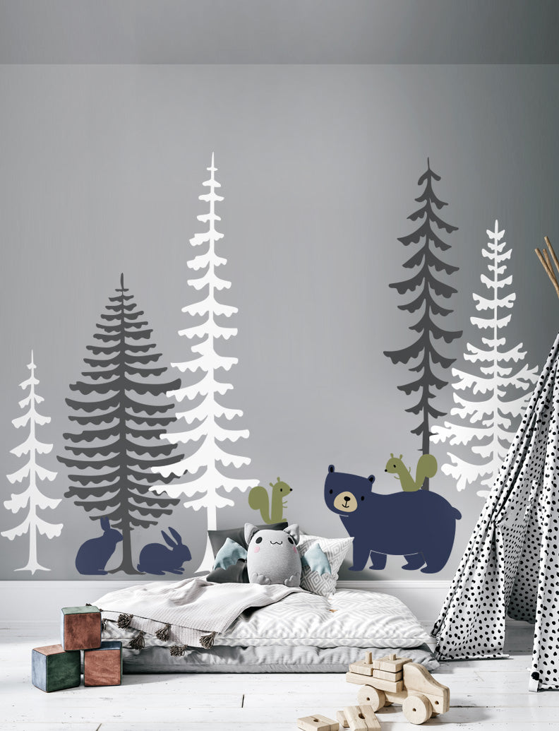 Pine Trees and Animals Wall Decal, Wall Stickers, Boho Nursery, Kids Room Wall Art, Playroom Decor | pinkbluebaby.com