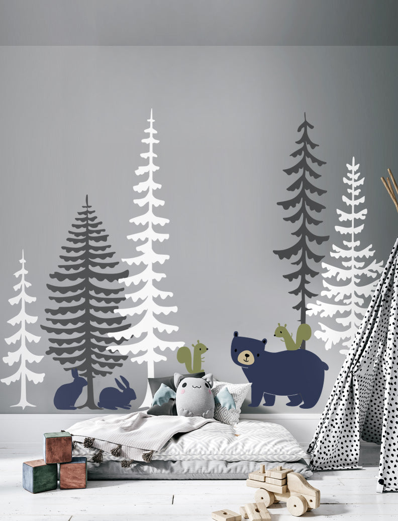 Pine Trees and Animals wall decal scheme c