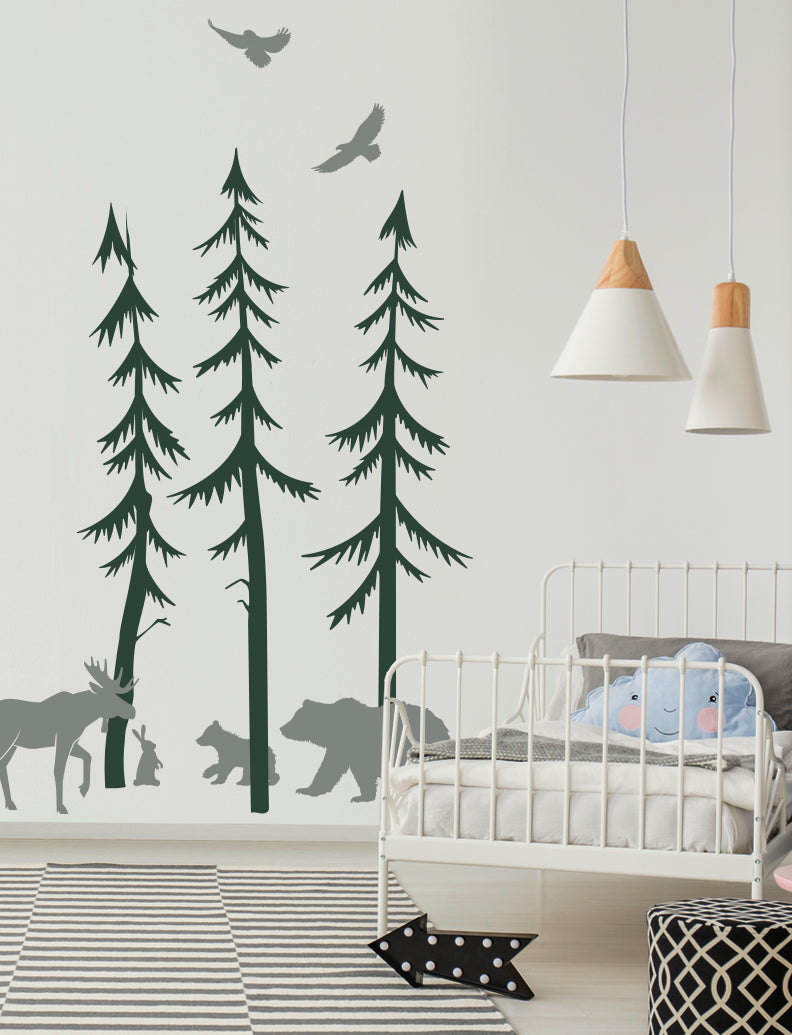 Pine Trees With Woodland Animals Wall Decal