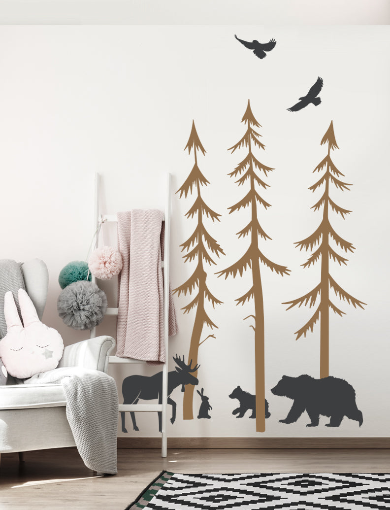 Pine Trees With Woodland Animals Wall Decal