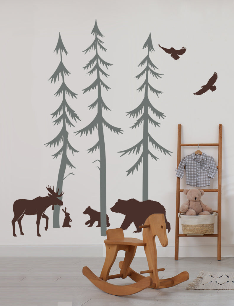 Pine Trees With Woodland Animals Wall Decal