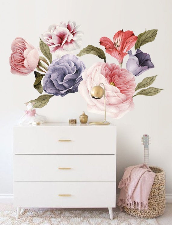 Peel and Stick Repositionable Stickers, Watercolor Peony Wall Stickers, Removable Stickers | pinknbluebaby.com