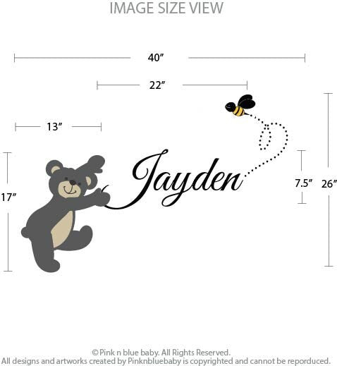 Teddy Bear and Custom Name Size - Kids Wall Decals